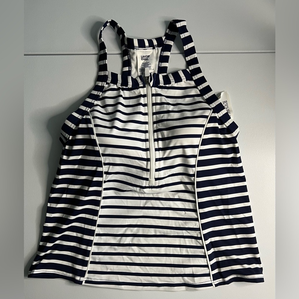 Lands' End Navy and White Striped Swim Top